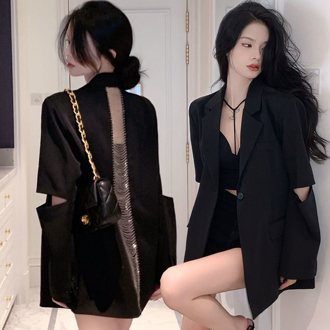 펀칭 체인 정장 코트 여성용 여름 긴팔 양복 아우터 버튼 섹시 카라넥 패션