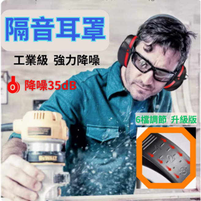 工業級降噪隔音耳罩 35dB抗噪 舒適仿皮頭箍 360度可調, 升級款－紅色, 1個
