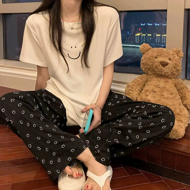 올해브 여성 데일리 잠옷 반팔 티셔츠 + 긴바지 홈웨어 잠옷 상하의 세트