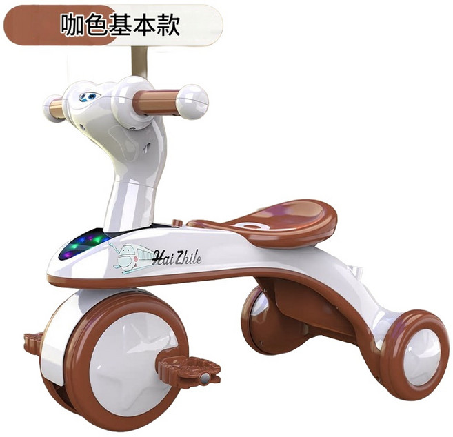 MAIZHILE 兒童三輪車 1-3歲可坐騎 手推平衡車, 白咖色 雙層耐磨車身 加厚耐磨車輪 音樂燈光, 1個