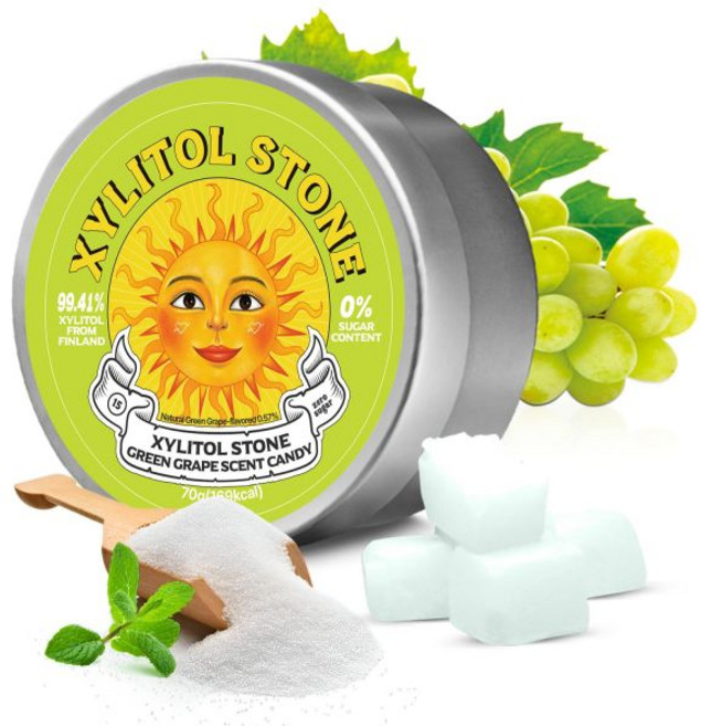 자일리톨 스톤 무설탕 사탕 - 비건 및 케토 친화적인 독특한 하드 캔디 100% 천연 향미 글루텐 프리 비유전자변형 무첨가 구취개선용 저칼로리 민트 페퍼민트 부스터 (2개 세트, 청포도 (1팩), 70g