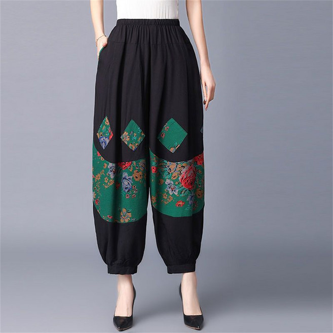 TKX 여성용 봄 가을 빅사이즈 허리 밴딩 팬츠 복고풍 패치워크 패턴 면 혼방 바지 엄마 편안한룩 KZ35