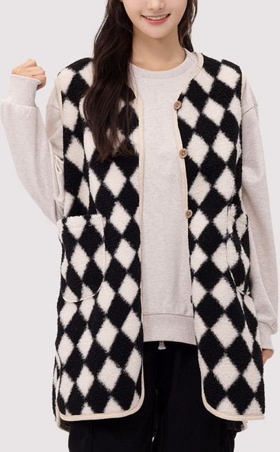 애띠앙 아가일 롱 베스트 양털 뽀글이 조끼