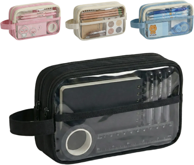 2026 신학기 대용량 클리어 필통 파우치 투명 PVC 펜케이스 수납 보부상, 1개, 블랙