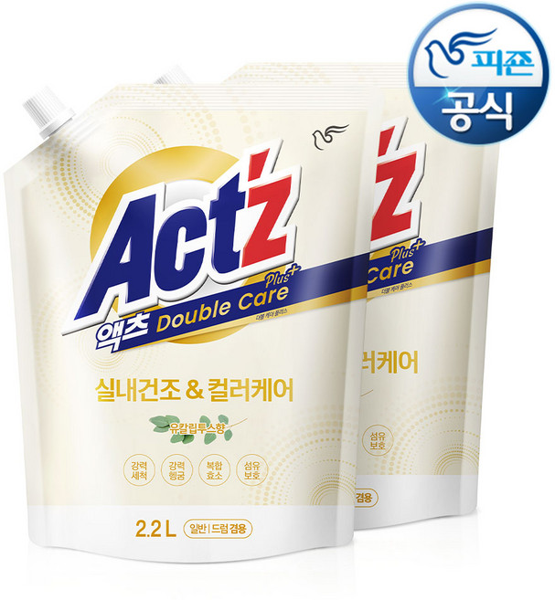 액츠 더블케어 플러스 액상세제 리필 유칼립투스향, 2.2L, 2개