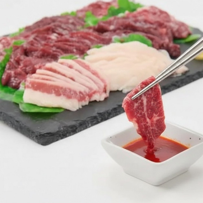 한우 생 차돌사시미 생고기(뭉티기) 생 육회, 2개, 200g