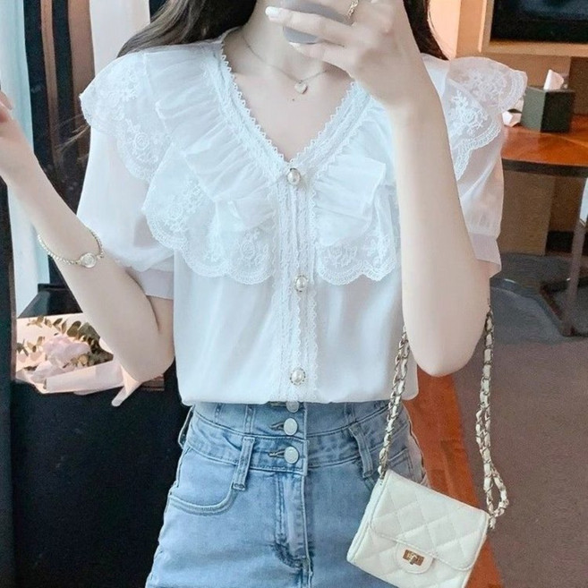 Beriieto 여성 여름 짧은 소매 레이스 장식 블라우스 브이넥 러플 셔츠