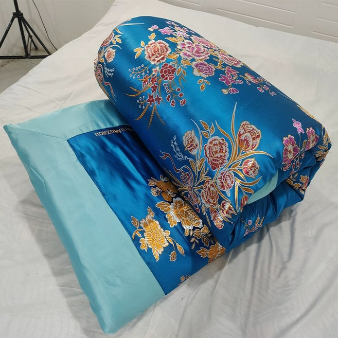 원앙 금침 이불 봉황 지퍼형 비단 복고 금술, 전체 플라워 레이크블루+라이트블루