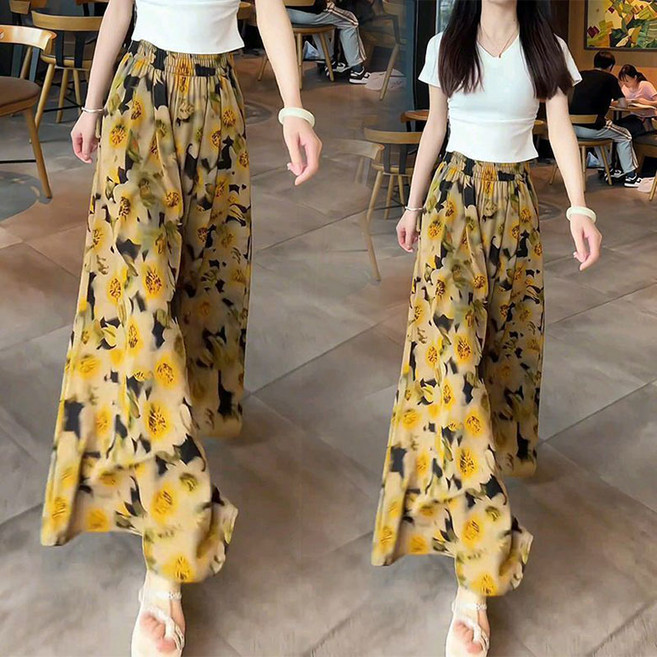 ORZQU 여름 얇은 하이웨스트 캐주얼 바지 여자 잔꽃 치마바지