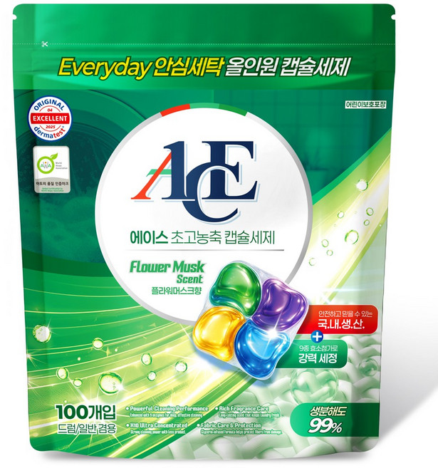 캡슐세제 에이스 10배 고농축 플라워코튼향 세탁세제 일반용 드럼용 대용량, 1개, 100개입