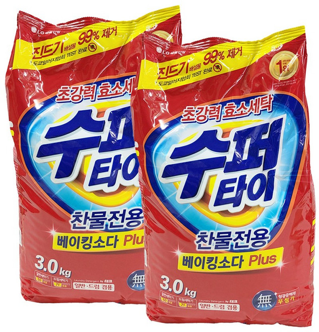 엘지 수퍼타이 베이킹소다 플러스 3kg 일반 드럼겸용 분말세제, 2개