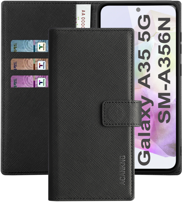아칸크 갤럭시 A35 5G/SM-A356N 지갑형 가죽 카드수납 다이어리 휴대폰리 케이스+지문인식 보호필름 풀세트
