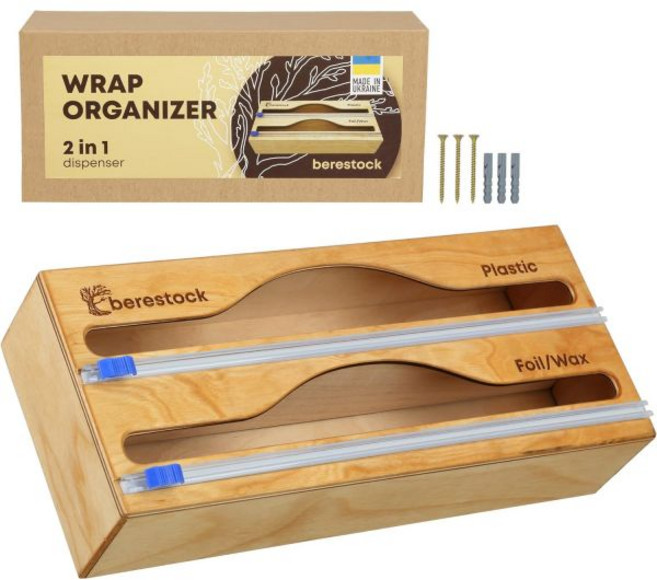 호일 및 플라스틱 랩 정리기 커터가 있는 나무 디스펜서 2 in 1 알루미늄 정리 보관 양피지 주방용 왁스 종이, 1개
