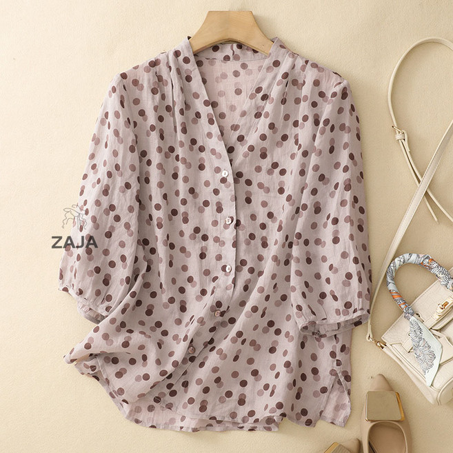 ZAJA 여성 브이넥 도트 블라우스 루즈핏 체형커버 귀여운 데일리룩