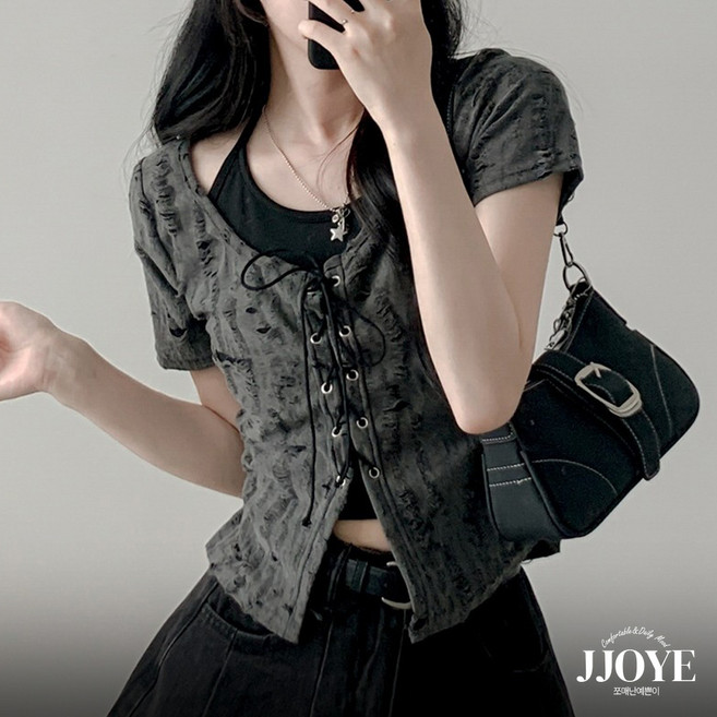 쪼예 레이어드 빈티지 데미지 코르셋 반팔 가디건 홀터넥 나시 세트