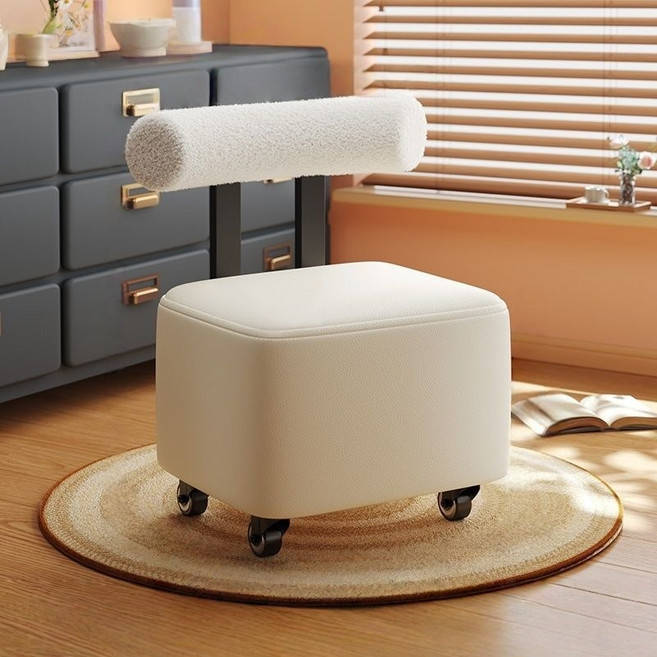 WHH 이동식 스툴 가죽 등받이 현관 바퀴 의자, 1개, 화이트