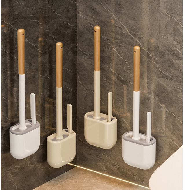 구오빌 벽걸이형 화장실 청소솔 간편한 변기솔 틈새 브러쉬 세트 슬림형, 베이지 우드