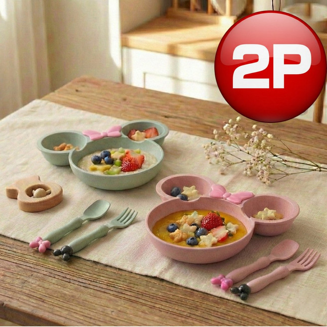 프라임픽 유아식판 어린이 캐릭터 식판 세트 1+1, 그린+핑크, 1세트