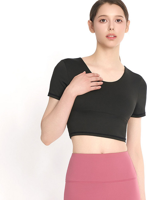 롤리핏 브라패드 내장 요가 필라테스 반팔 크롭티 숏슬리브 X백 스트랩