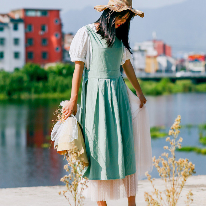 장금이원피스앞치마 린넨 예쁜에이프런 옆트임 카페 바레스타 꽃집 어린이집선생님 롱원피스앞치마, 초록색