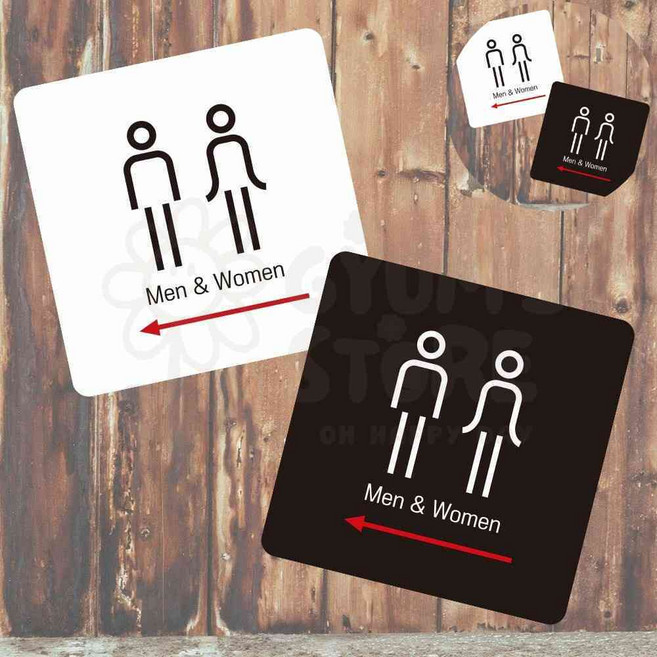 MEN WOMEN 좌측 표지판 13x13cm 파우더룸 문패 FittingRoom 검진센터 목욕탕, 블랙