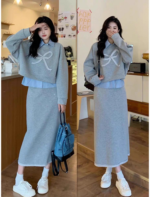 스타일닥터 봄가을 여성 카라넥 맨투맨 하이웨이스트 스커트 세트 패션 데일리룩 하객룩 빅사이즈 투피스