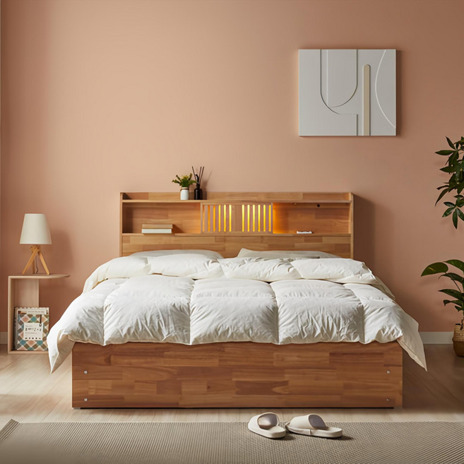 파로마 이즈 우든 LED 원목 수납 침대 프레임 SS / Q, 내추럴 IDH016