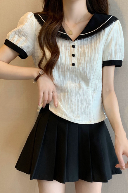 싱싱덴덩 여름 티셔츠 여성 세라 칼라 셔츠 반팔 단추 빅 사이즈 반팔티셔츠