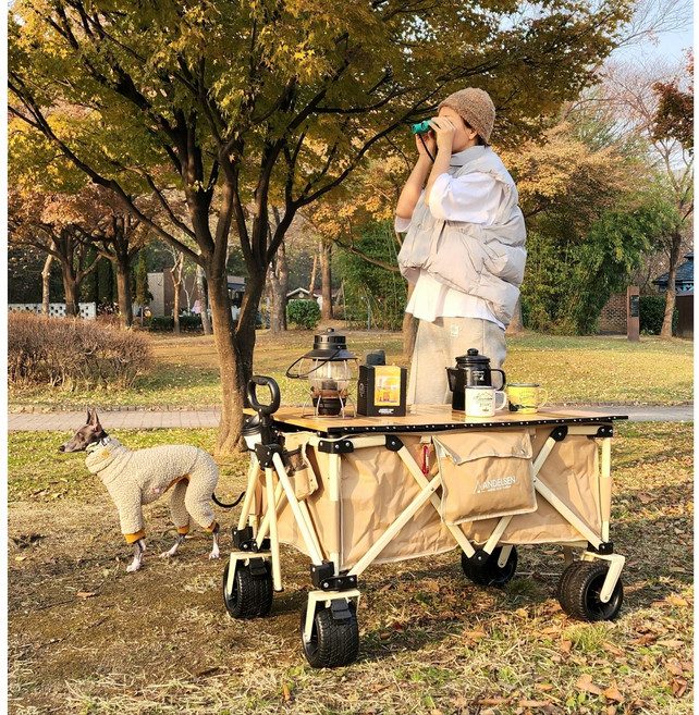 [TOP1 ] 안델센 V2 더플러스 캠핑웨건 (3컬러 광폭타이어 분리세척 3단핸들길이조절 저소음 바퀴 컴팩트한 디자인), 1개, 탄베이지(한정세일중)