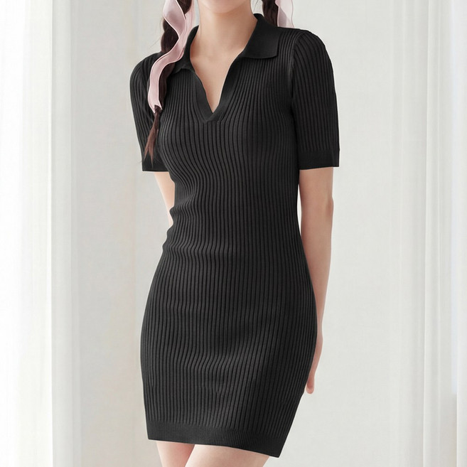 라뷰드 여성 브이넥 골지 반팔 원피스 여자 봄가을 여름 A라인 슬림 카라 니트 미니 스커트 캐주얼 데일리룩