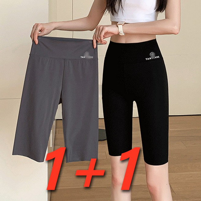 1+1여름 얇은 하이웨스트 레깅스 5부반바지 여성용 요가 반바지 슬림핏 따뜻한 운동복