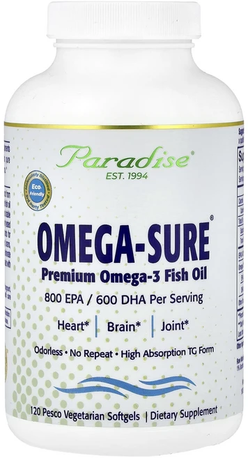 파라다이스허브 오메가-Sure 프리미엄 오메가 3 피시오일 1000mg 120 Pesco-베지테리언 소프트젤, 5병, 120정 - 쿠팡