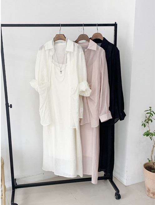 [ 무배 14888 ] 3col 린넨 셔링 루즈핏 셔츠 끈나시 플레어 롱 원피스 세트