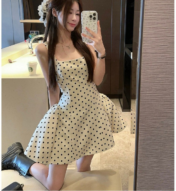 SAHINER 여성 A라인 도트 스트링 볼륨스커트 원피스 LWBQZ14