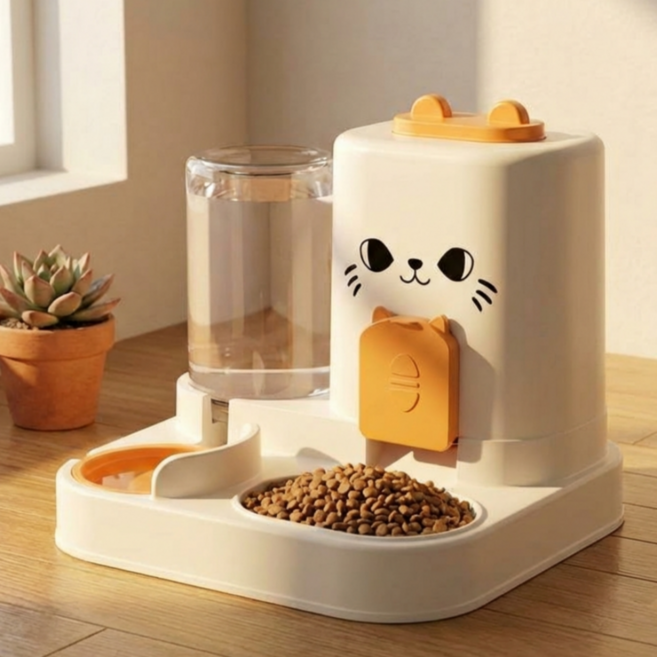 울창울창 고양이 반자동 급식기 2구 급수기, 1개, 주황
