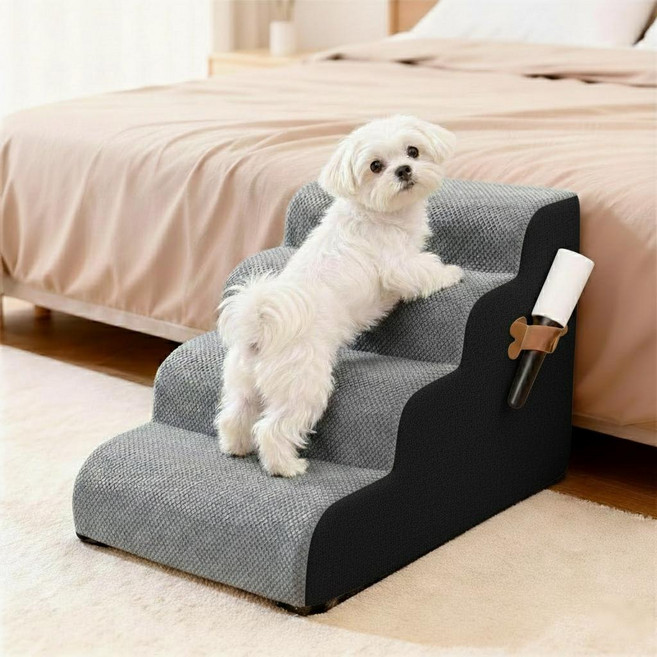 강아지계단 높은 침대용 4단 논슬립 슬개골보호 미끄럼방지 커브 스텝 애견 계단, 1개, 블랙