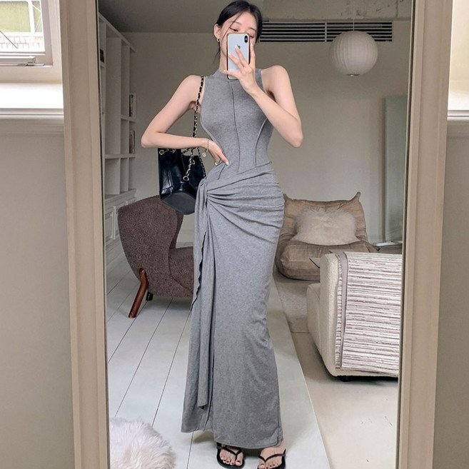 떳다그녀 이블린 나시 랩 매듭 슬림핏 민소매 글램 드레스 드레이프 절개라인 꾸안꾸 섹시 롱원피스