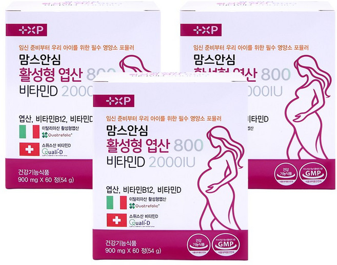 맘스 안심 프리미엄 임산부 4세대 활성형 엽산 800 비타민D 2000IU, 3박스, 60정