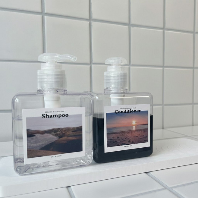딜라이트홈 심플리 욕실 샴푸병 디스펜서 2개+스티커5종, 1세트, 250ml투명