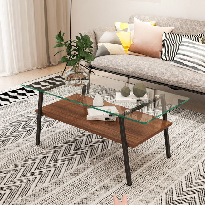 럭키스토리 거실 테이블 2단 우드 강화유리 거실 쇼파테이블, K-JZQ8600-B 투명