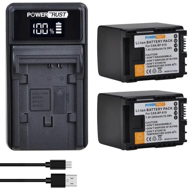 호환 PowerTrust BP-819 배터리 + 캐논 VIXIA HF10 HF11 HF20 HF21 HF100 HF200 HF G10 HF M32용 LED USB