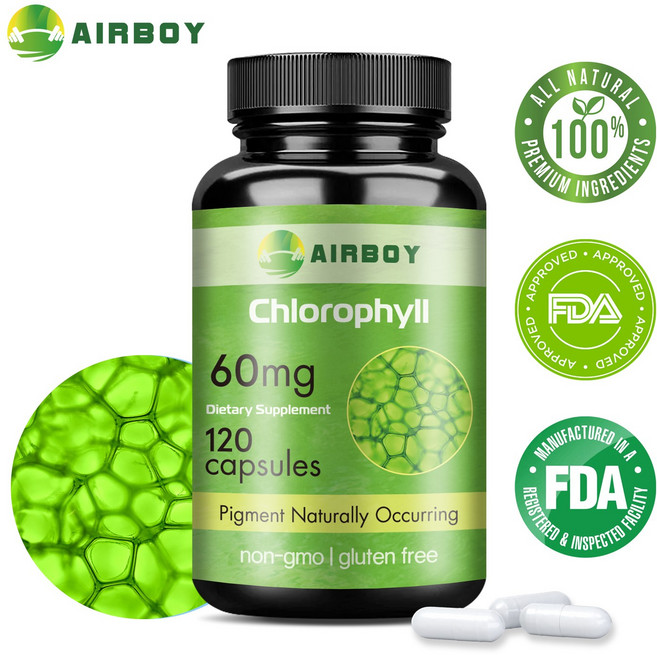 클로로필 다이어트 보충제 천연 엽록소 빠른 흡수 캡슐 비건 친화적 NON-GMO 글루텐 프리 에너지 부스팅 항산화 효과 신진대사 촉진, 1개, 120정