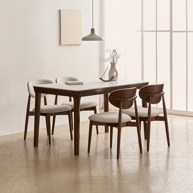 라로퍼니처 보나 1400 포세린 통 세라믹 4인 고무나무 원목 식탁 세트, 식탁+의자4, 월넛, 화이트