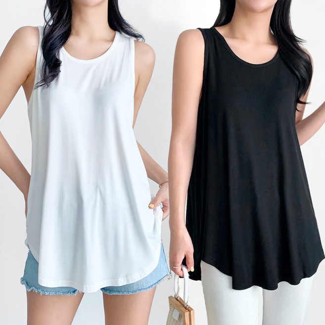 1+1 여성 빅사이즈 루즈핏 언발 민소매 롱나시 티셔츠 GRM1007