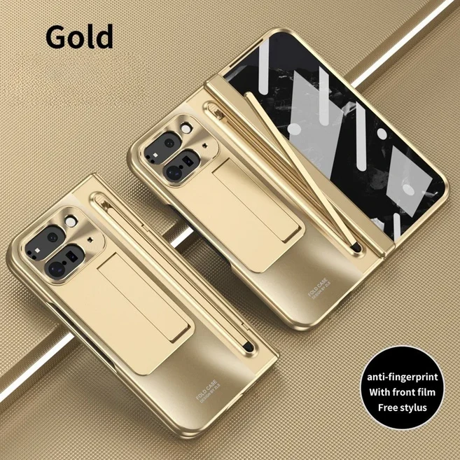 Google Pixel 9 Pro 폴드 케이스 ELVEV 힌지 매트 브래킷 UV 도금 패널 PC 접이식 킥스탠드 커버(펜 + 유리, 04 gold, 01 For Pixel 9 Pro Fold