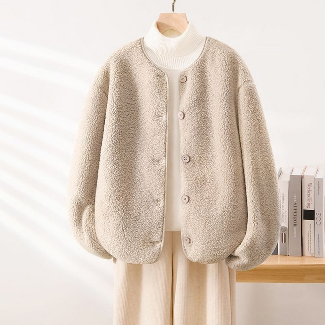 POMTOR 여성 가을겨울 단색 플리스 자켓 라운드넥 상의 두꺼운 오픈형