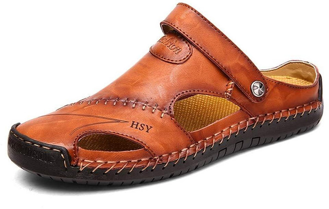 남성용 가죽 스포츠 샌들 슬리퍼 아웃도어 하이킹 슈즈 해변 운동 어부 걷기 여름 미끄럼 방지 경량 브라운. 8.5