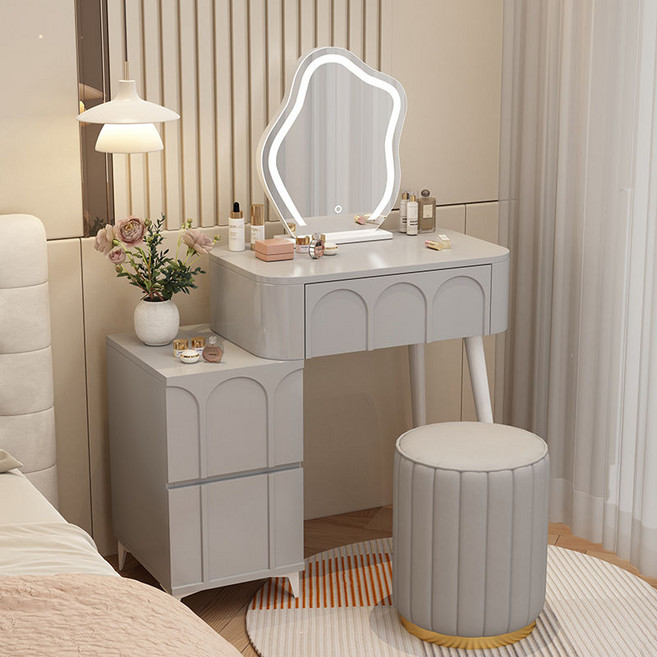 수납형 서랍 화장대 세트 LED 조명 화장대 콘솔 ㄱ자 디자인, 테이블 + 캐비닛 + 의자 (B) + 거울 (B), 회색