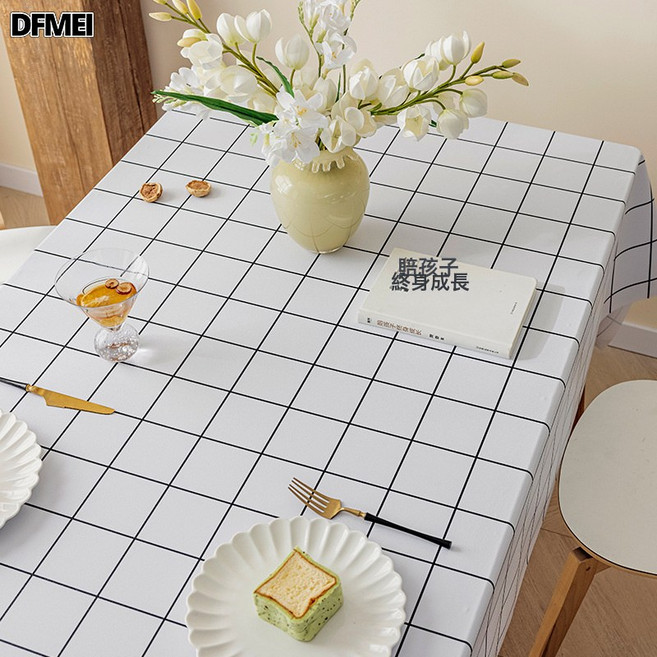 DFMEI 格子桌布防水防油免洗風長方形餐桌布茶几桌墊布PVC簡約, 1個, 140*200cm, 白色大格