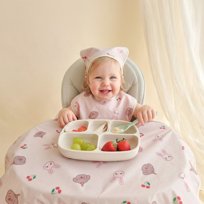 아이레빗 국내생산 유아용 아기 민소매 식탁일체형 자기주도 방수 턱받이 풀커버 나시, 풀커버 나시_체리, 1개, 1개입